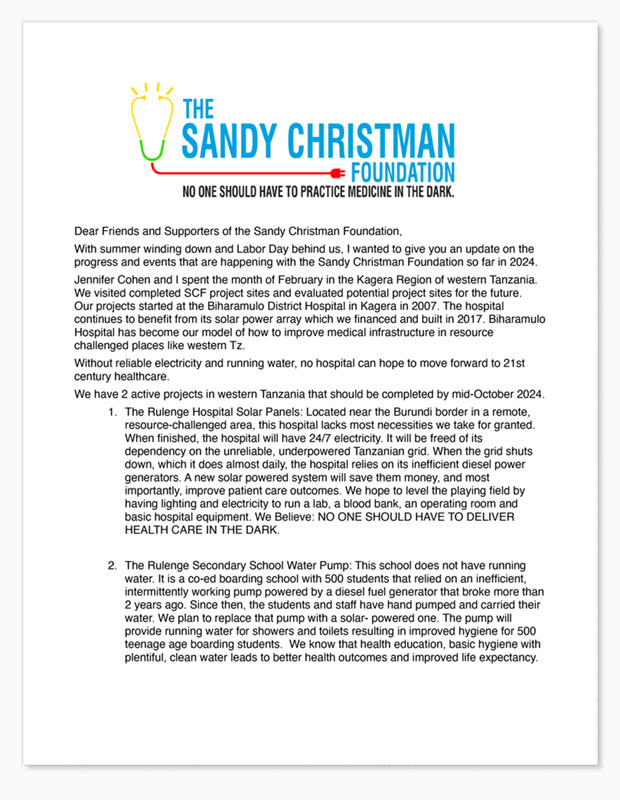 Sandy Christman Foundation - Letter to Friends and Supporters